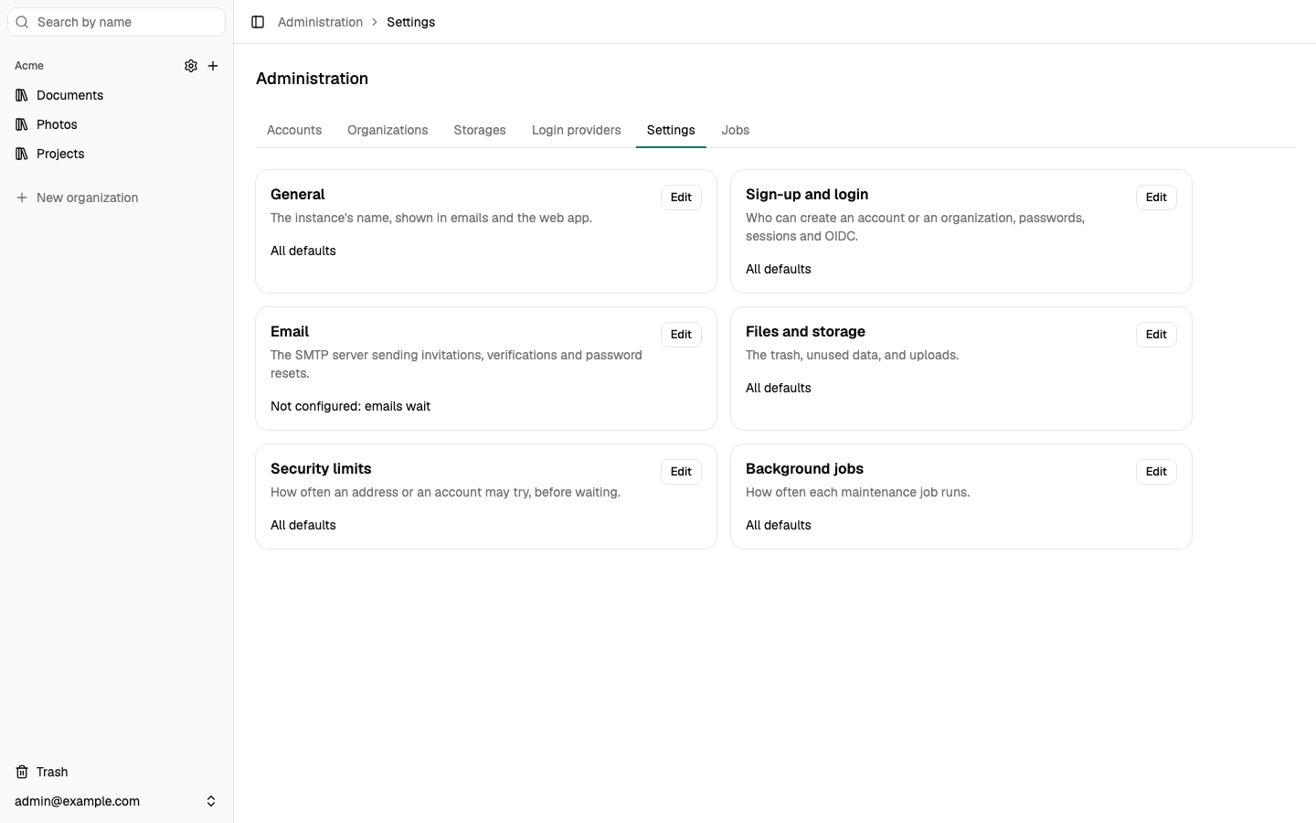 The instance settings, grouped in cards